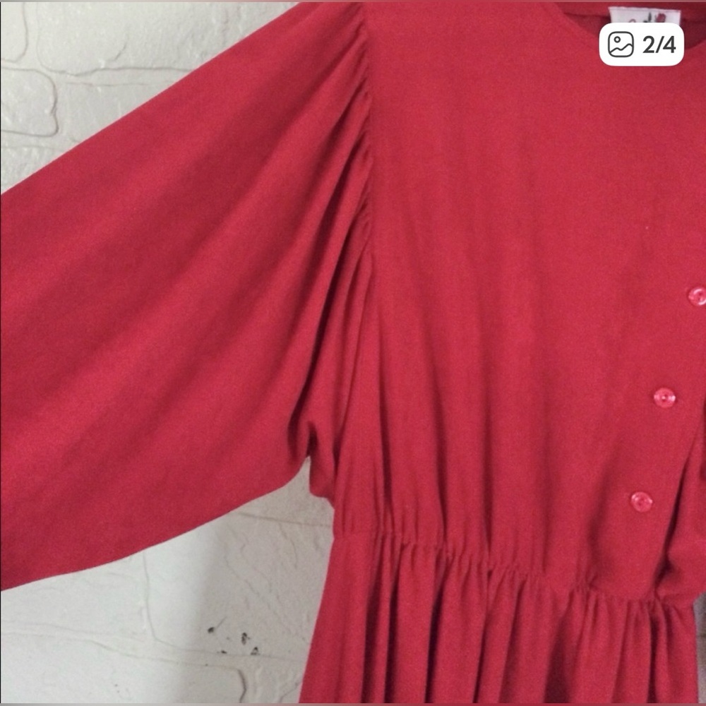 Red Dress Vintage Long Puff Sleeve 80s 10 - Picture 2 of 4